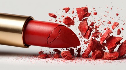 A close-up image of a broken red lipstick with scattered pieces and red powder