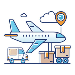 Airplane cargo delivery with truck and shipping boxes isolated on white background