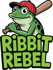 Cute cartoon frog wearing a baseball cap and holding a baseball bat with text Vector Graphic T Shirt Design