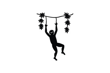 A Black Silhouette of a Monkey Hanging From a Vine Surrounded by Leaves on a White Background Jungle Theme silhouette The image
