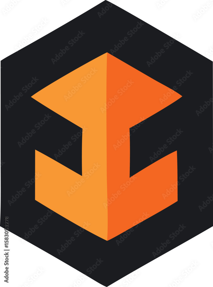 Poster abstract geometric logo featuring an orange upward arrow shape within a dark hexagonal background wi