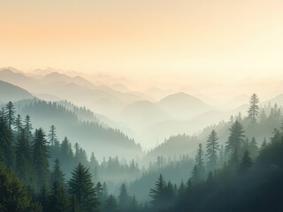 Rolling hills covered in forests fade into a hazy, sunlit sky in a peaceful and tranquil nature landscape