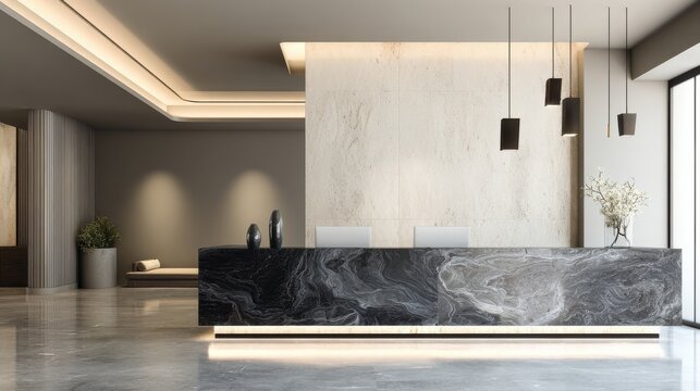 Ultra quality image of stylish minimalist interior of a hotel lobby or reception area for a beauty salon, spa or private medical clinic with a marble counter.