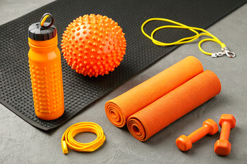 a fitness setup featuring a black exercise mat