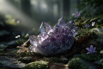 Enchanting Amethyst: A captivating image showcases a mesmerizing amethyst cluster in a lush, verdant forest, illuminated by a soft, ethereal light, evoking a sense of wonder and tranquility.