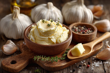 Garlic Butter Feast: A visually appealing capture of creamy butter adorned with fresh thyme, nestled alongside whole garlic bulbs, peppercorns, and a wooden spoon.