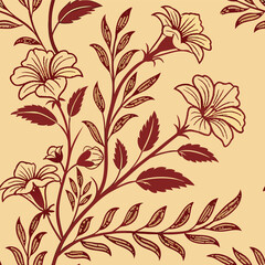 Elegant floral seamless pattern with blooming flowers and detailed decorative foliage designs.