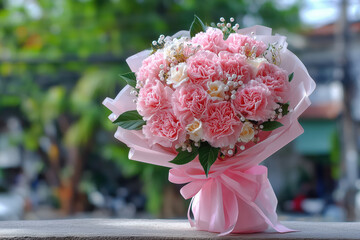 Enchanting Carnation Bouquet: a beautifully presented bouquet of pink carnations and delicate white accents, wrapped in elegant paper and tied with a matching ribbon.