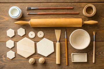 a flat wooden surface displaying an array of pottery