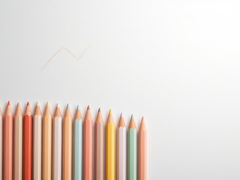 Row of colored pencils against a plain background with a simple ascending line graph drawn above them, demonstrating growth