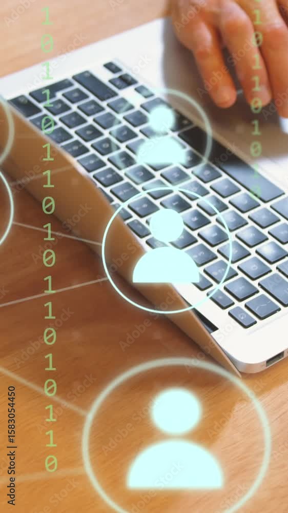 Poster animation of icons and data processing over man using laptop