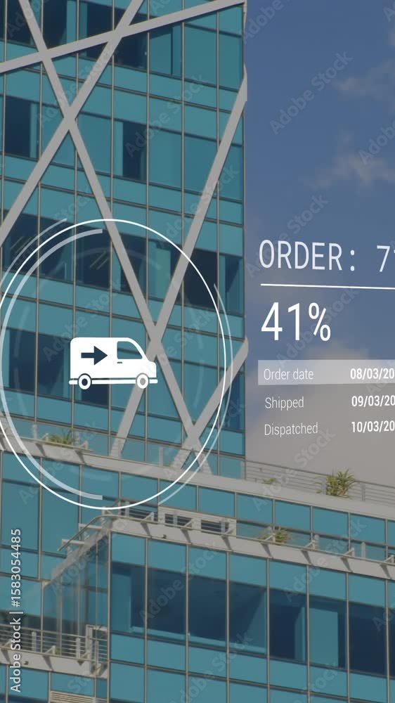 Poster animation of icons with data processing over modern office building