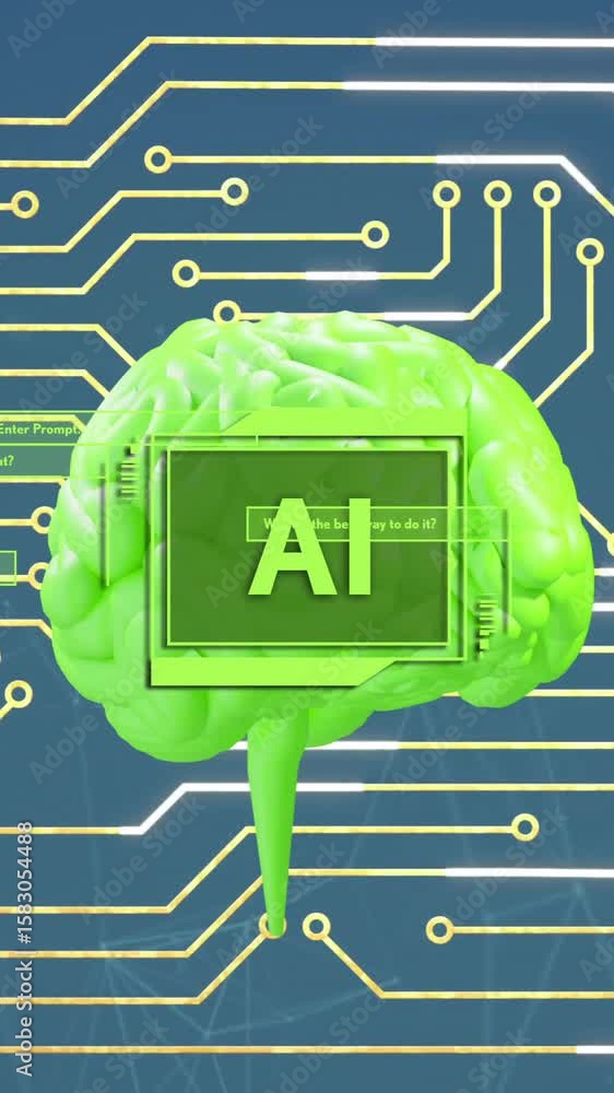 Poster animation of ai text, human brain and circuit board with data processing