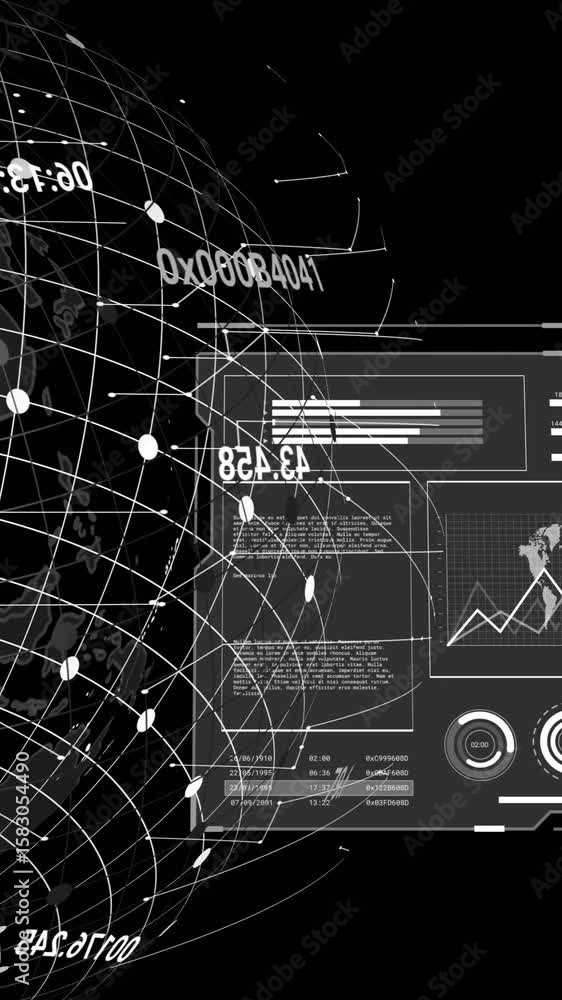 Poster animation of screen and data processing over globe on black background