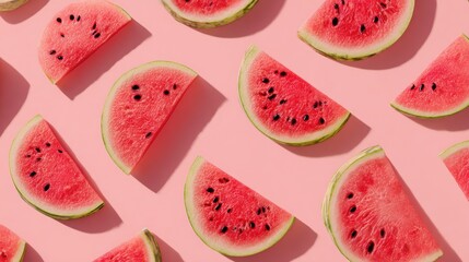 Ultra quality image of trendy summer fruit pattern made with watermelon slices on light pastel pink background. Minimal summer concept. Creative food backdrop idea. Watermelon.