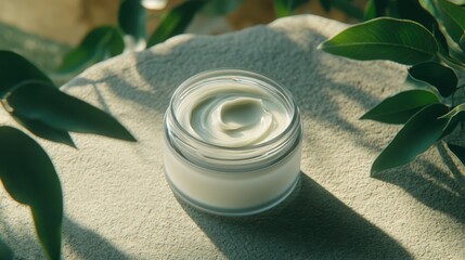 A jar of skin cream sits atop a soft, textured surface, with plant leaves surrounding it