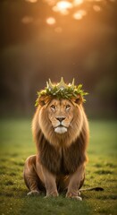 Obraz premium Lion wearing a golden crown and green leaves sits in a grassy field at sunset