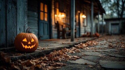 Obraz premium Spooky Jack-o'-Lantern on Stone Pathway in Autumn Setting