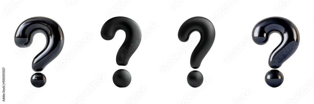 Poster 3d black question marks set. curiosity and inquiry symbols collection isolated on transparent backgr