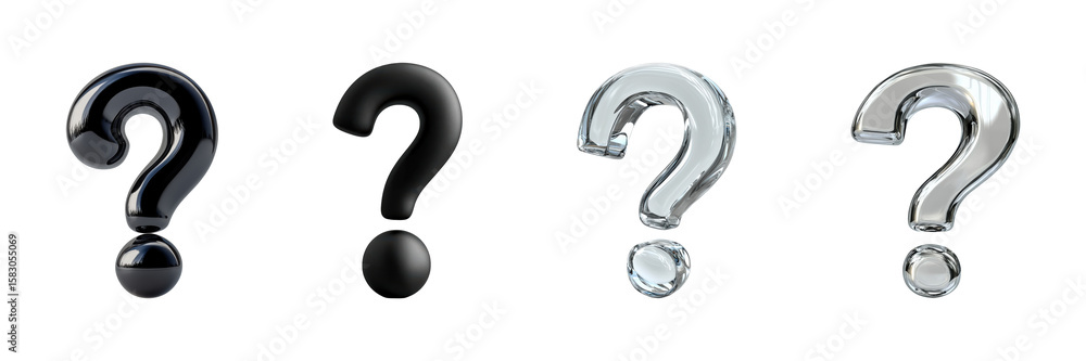 Poster 3d question marks in various styles set. curiosity and inquiry symbols collection isolated on transp