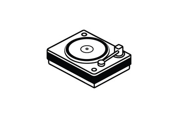 Isometric View of a Vintage Record Player Featuring a Stylized Tone Arm and Platter Presented in a Clean Silhouette This image features