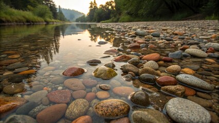Tranquil Riverbank with Colorful Pebbles and Calm Water Reflection at Sunset