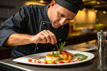 a focused chef meticulously garnishing a beautifully plated dish