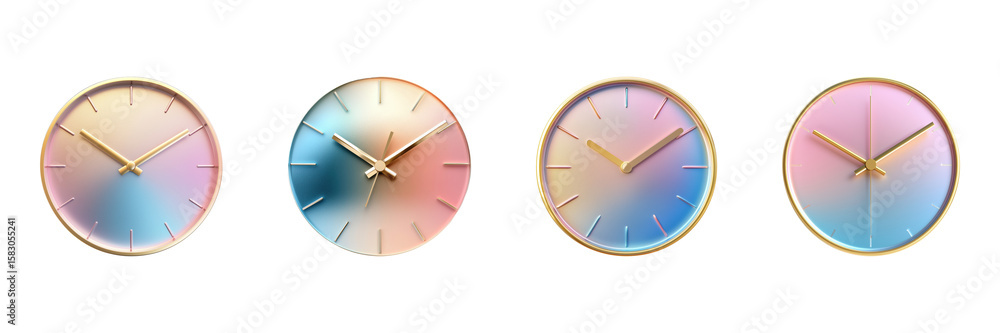 Poster gradient pastel wall clocks set. modern timepiece design collection isolated on transparent backgrou