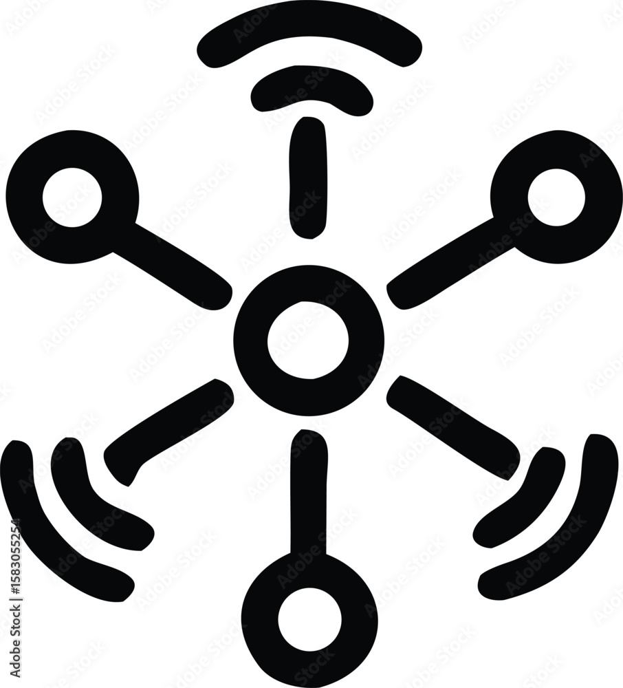 Poster abstract representation of a central hub connected to radiating elements with signal waves emanating