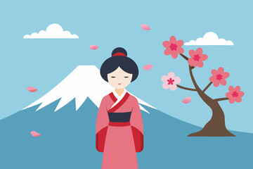 Japanese woman or child in kimono with cherry blossom, a beautiful traditional Asian art illustration
