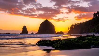 Dramatic sunset over a rocky beach
