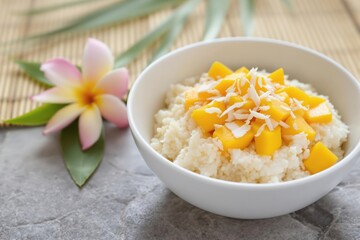 Tropical rice pudding with diced mango and shredded coconut in a white bowl, garnished with a frangipani flower.