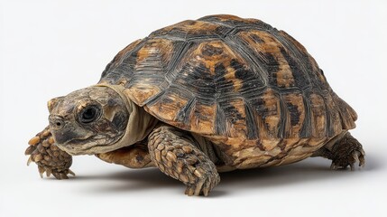 Obraz premium A detailed shot of a tortoise on a neutral background. The tortoise has a brown and patterned shell, and it's walking calmly towards the right of the frame