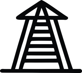 Stylized black and white icon of a simple abstract tower with a pointed roof and horizontal ladder rungs