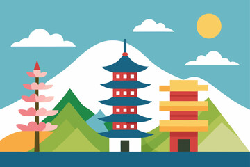 Fototapeta premium Winter vector illustration of a house on a snowy hill with trees, a perfect Asian landscape design