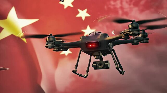 Military quadcopter drones flying close to fluttering Chinese national flag, representing advanced technological surveillance and defense capabilities