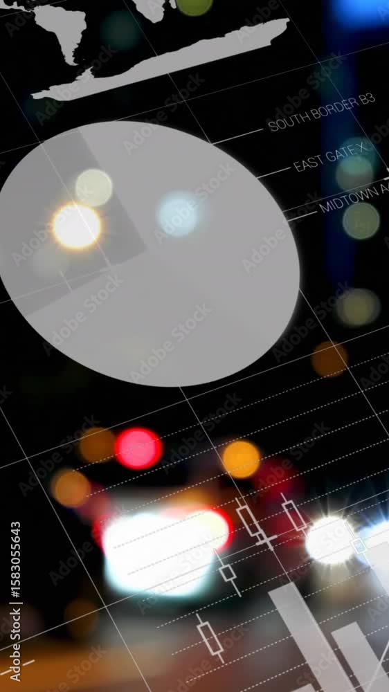 Poster animation of statistics and data processing over cityscape