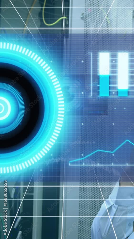 Poster animation of scope scanning and data processing over caucasian male it technician by computer server
