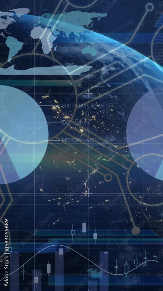 Poster animation of financial data processing and network of connections over globe