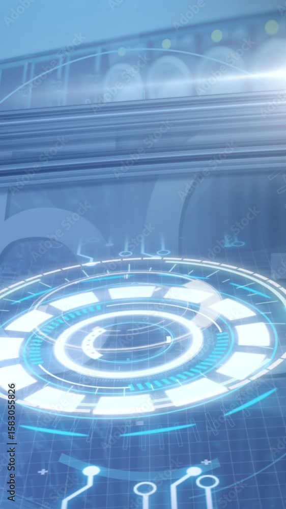 Poster animation of 5g text, round scanners and data processing over close up of a computer server