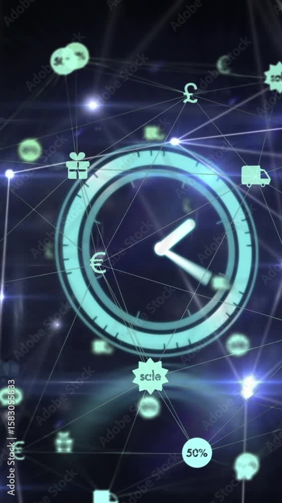 Poster animation of clock and network of connections over dark background