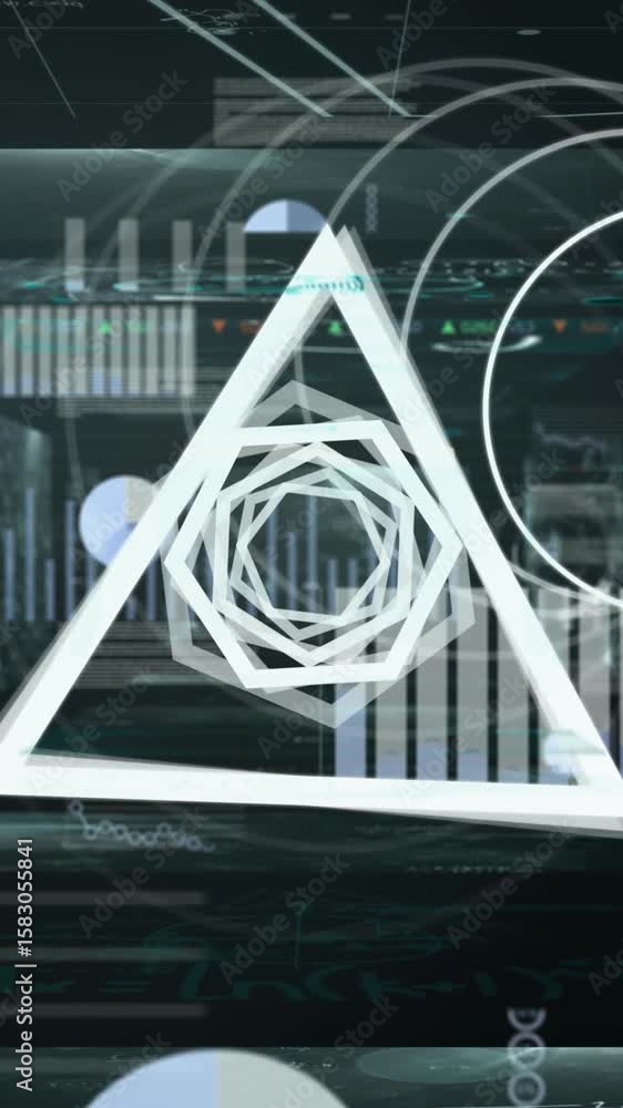 Poster animation of white shapes over data processing on black background