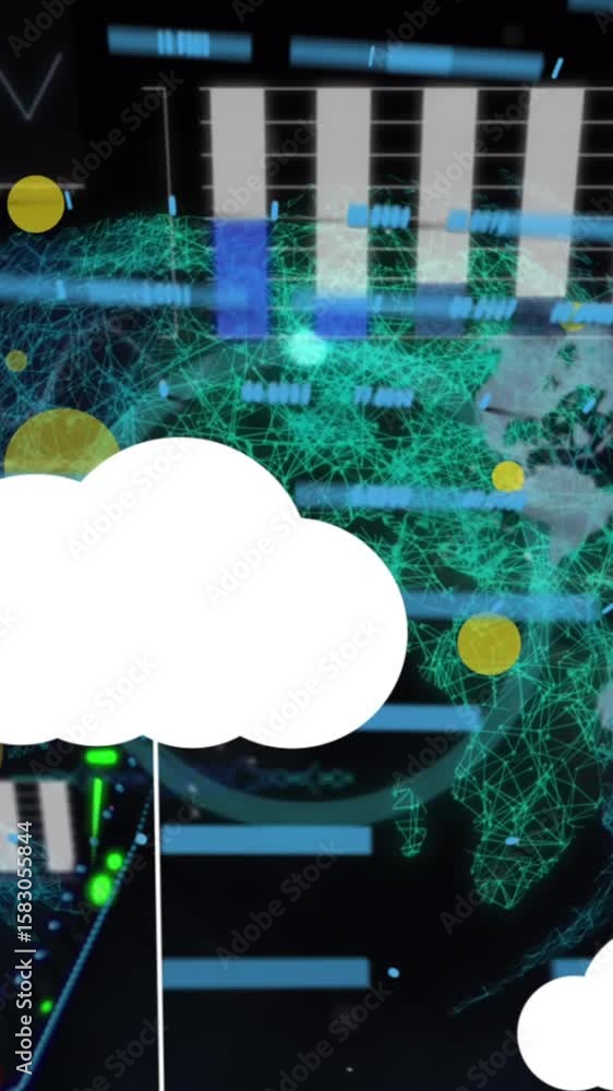 Aufkleber animation of cloud icons and data processing over globe on black background
