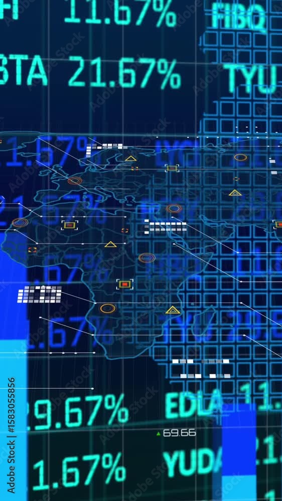 Poster animation of financial data processing and statistics over world map on black background