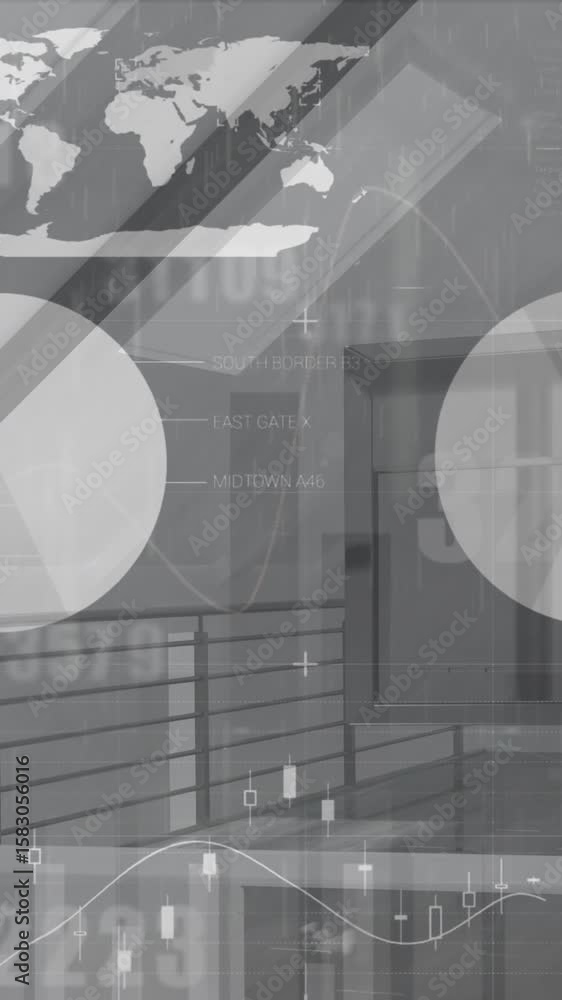 Poster animation of rainfall effect over data processing and changing numbers against office desk