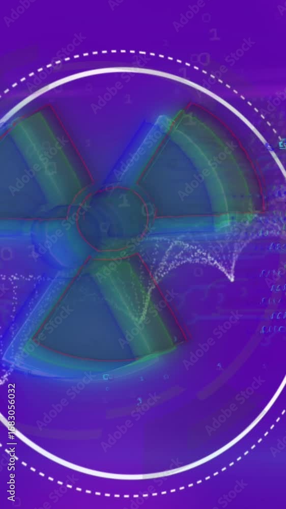 Poster animation of radioactive symbol, dna structure and data processing on purple gradient background