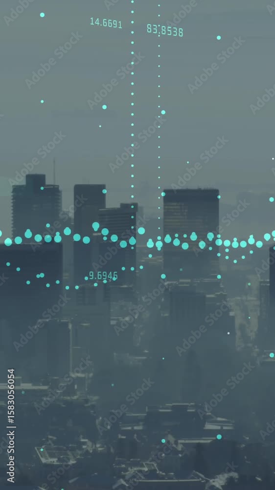 Poster animation of data processing against aerial view of cityscape