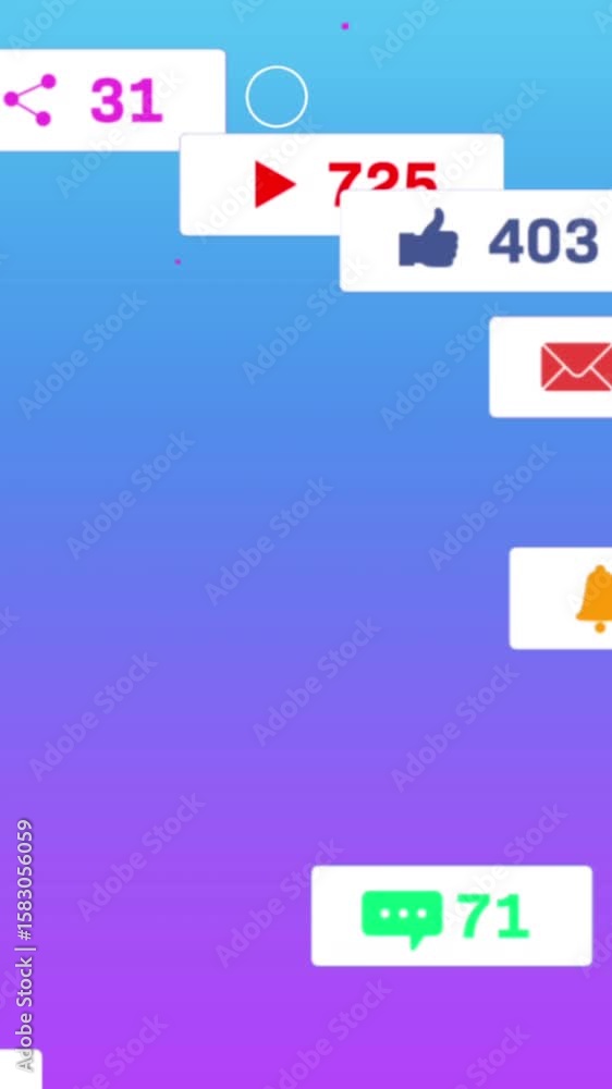 Poster animation of changing numbers and icons in message boxes against blue background