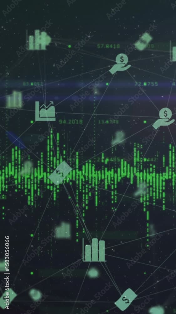 Poster animation of graphs over connected icons forming globe against abstract background