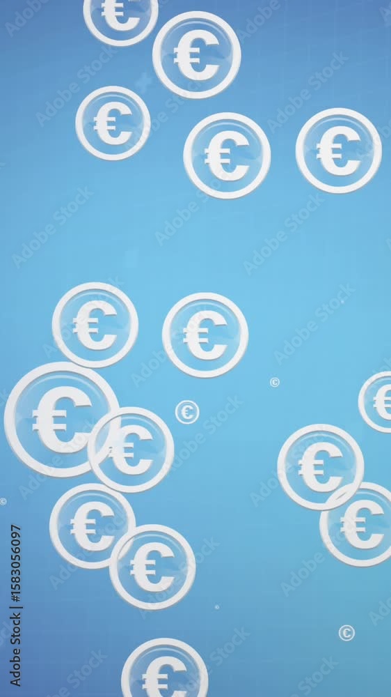 Poster animation of euro currency signs in circles and computer language on blue background